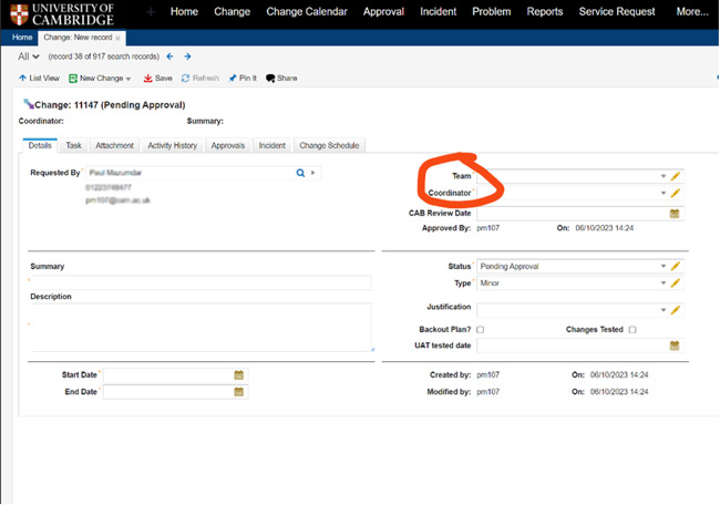 'Team' and 'Coordinator' field highlighted above the CAB Review date field on the 'New change' screen in HEAT