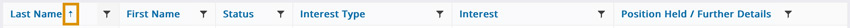 Upward arrow next to the 'Last name' column heading highlighted to show the table has been ordered by A-Z on the list of declarations