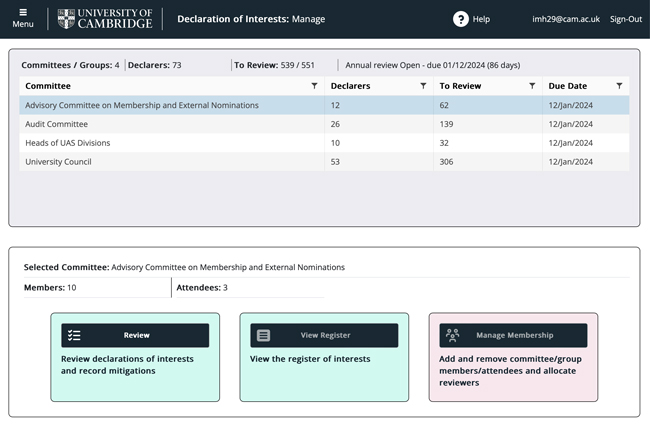 Declaration of Interests app homepage. The menu, help and sign-out options in the top menu ribbon are highlighted.
