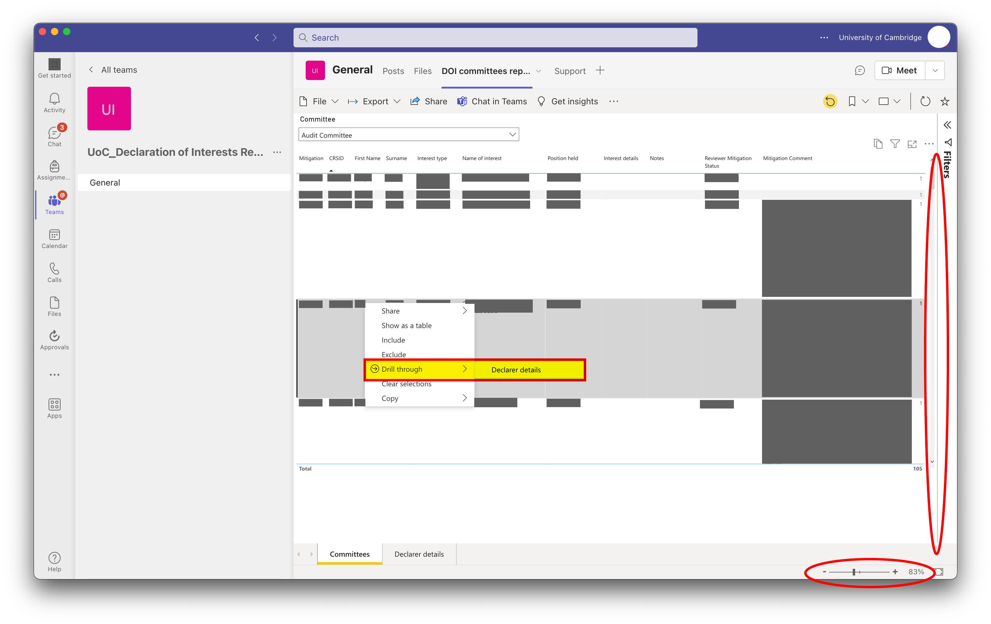 Select Drill Down then Declarer details to view more information