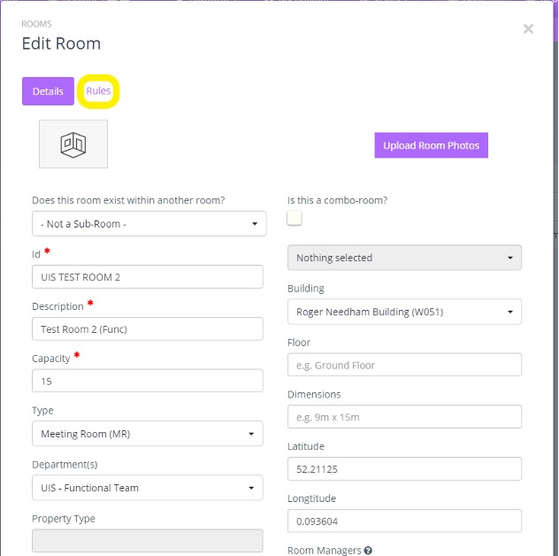 Edit room screen in Booker with the Rules option highlighted