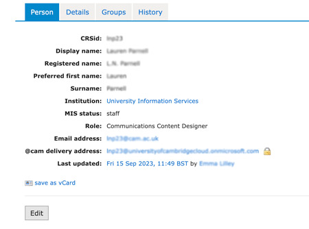 Lookup profile page with the Edit button appearing at the bottom of the page