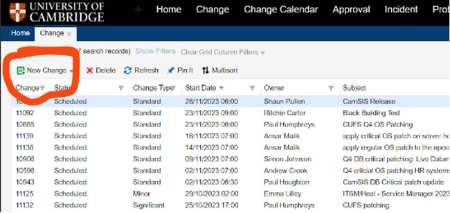 'New change' button in Heat which appears above the list of existing change requests