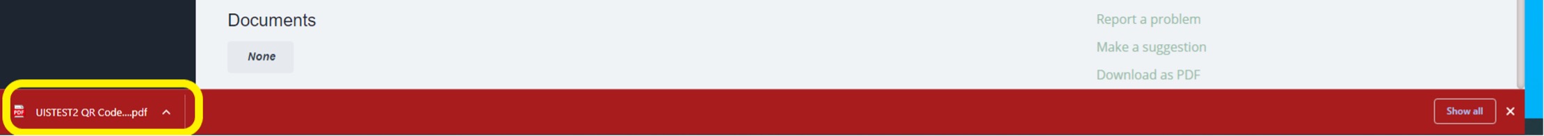 Downloaded QR code appears in the ribbon at the bottom of the screen