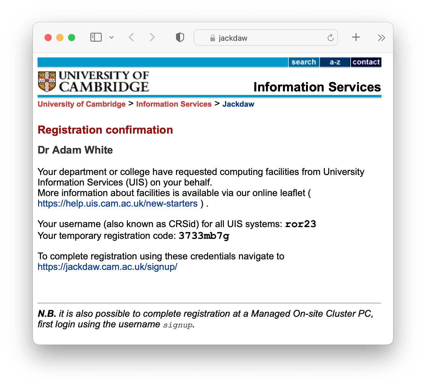 Registration confirmation