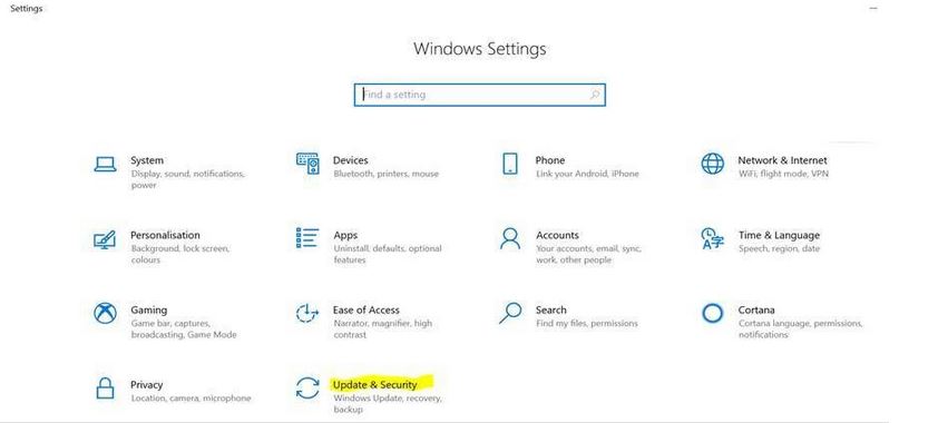 Windows Setting window with Update and Security highlighted