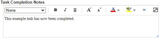 Task completion notes field on a Task screen in Heat. It has been populated with the text 'This example task has now been completed.'