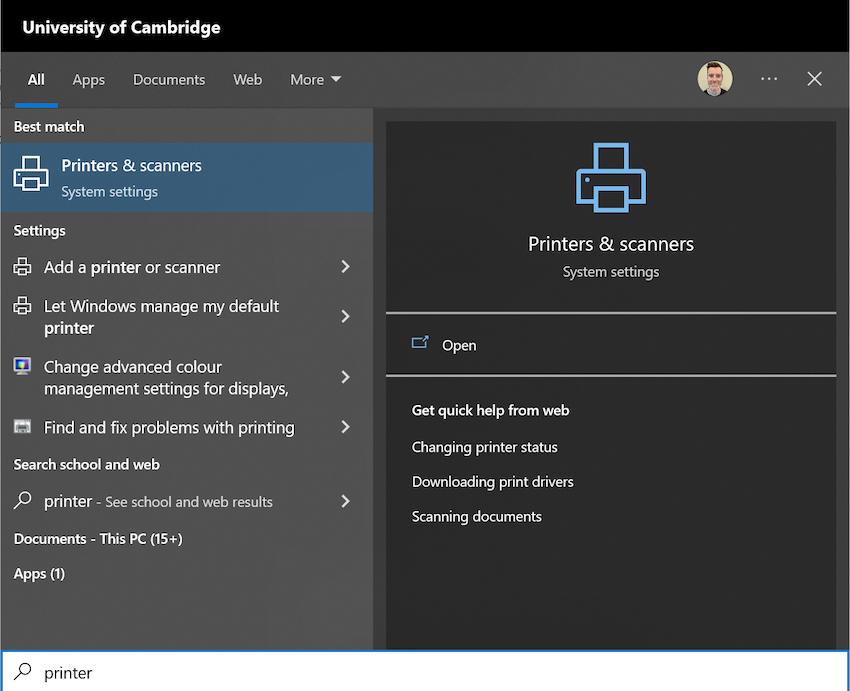 Printers & scanners window