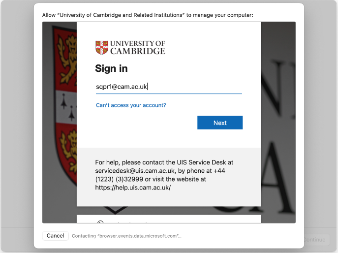 Cambridge sign-in window