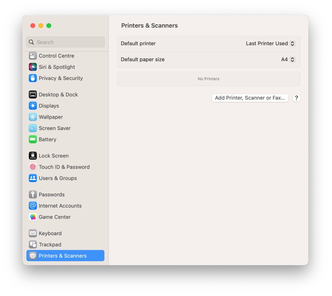 The Printers & Scanners section on System Settings