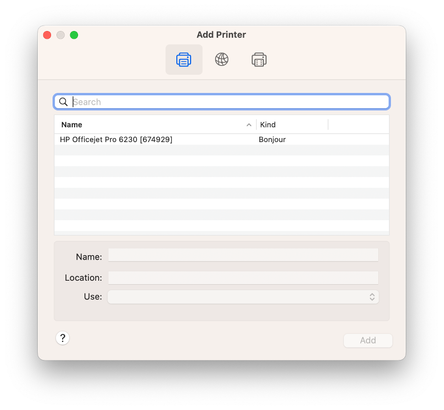 The Add Printer menu in macOS Ventura