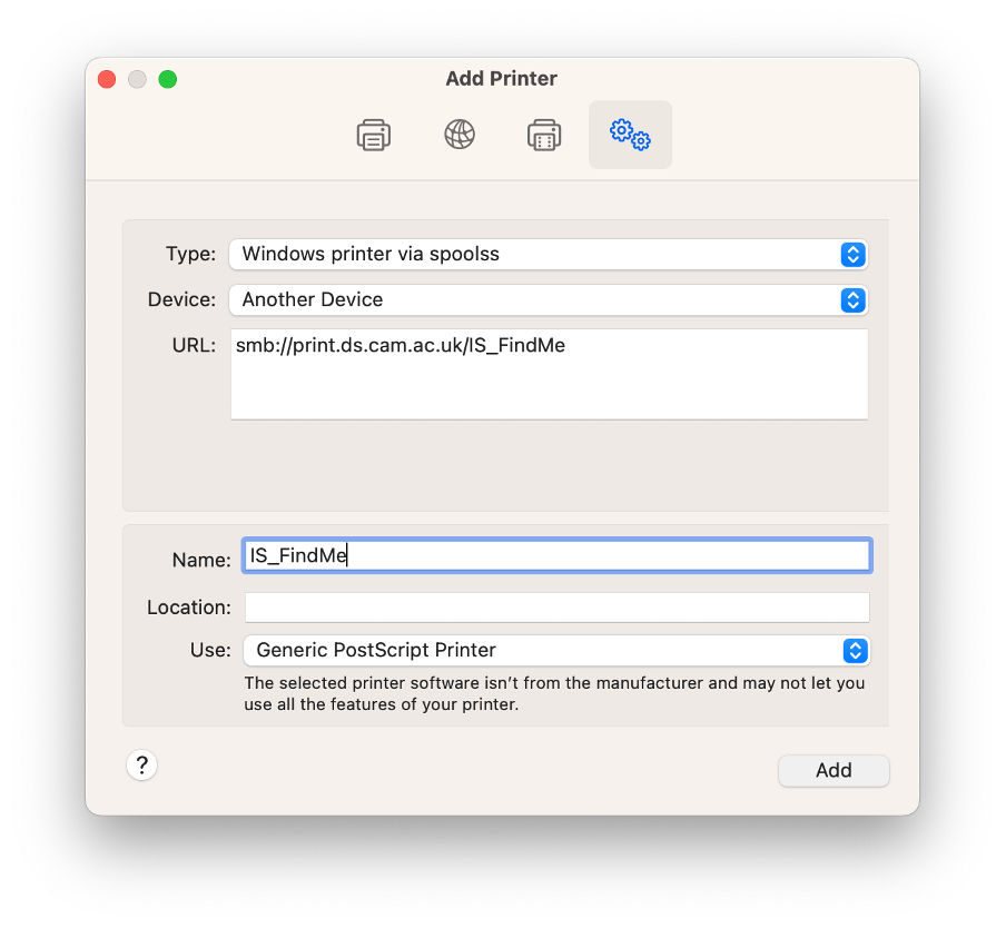 The Advanced menu when adding a printer in macOS Ventura