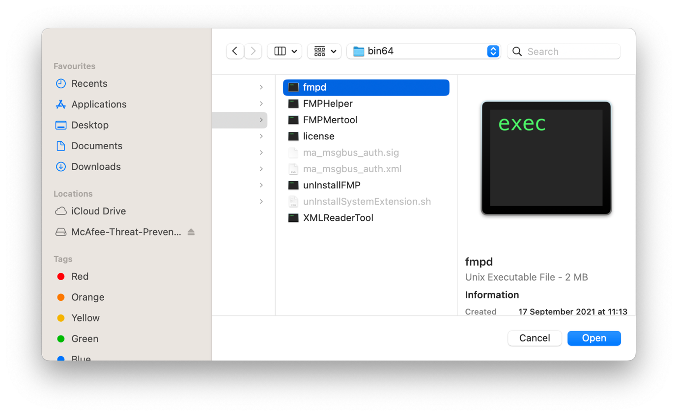 Selecting fmpd in the finder in macOS Ventura