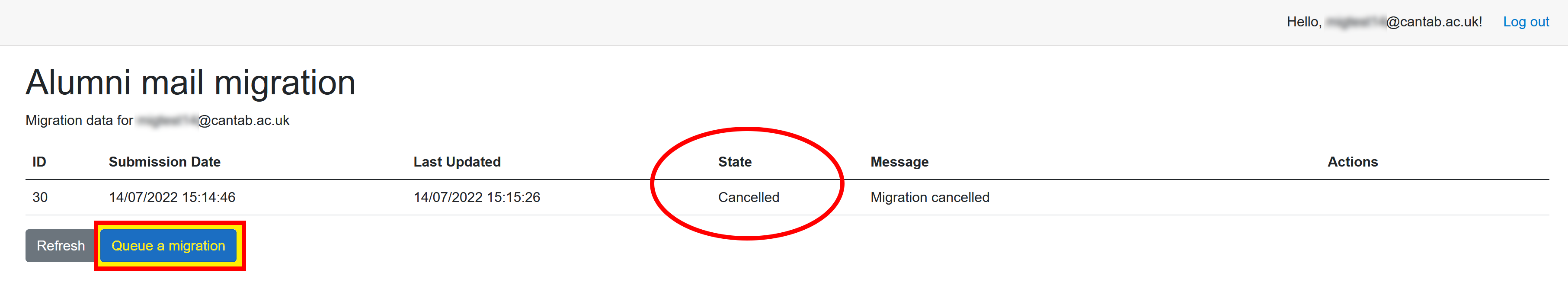 Migration cancelled