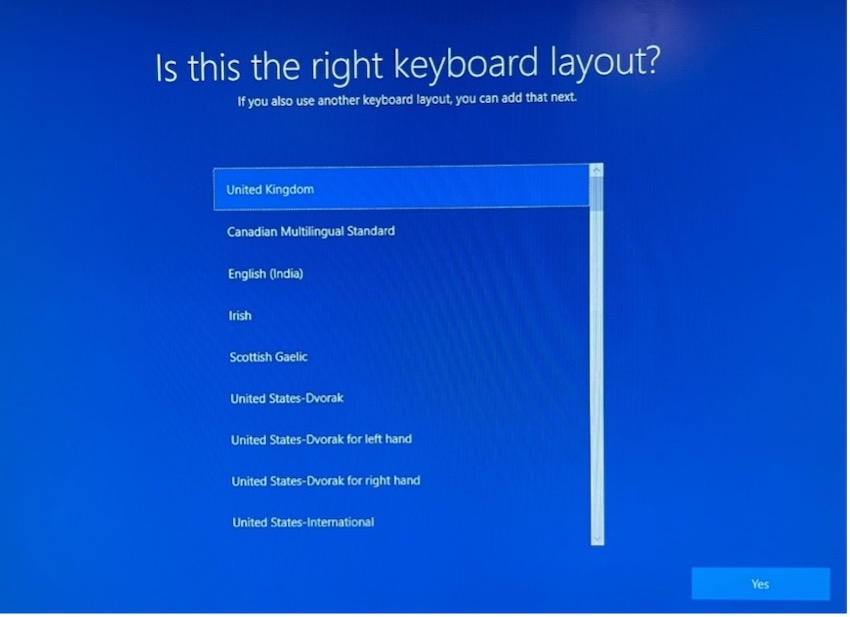Select UK keyboard layout window