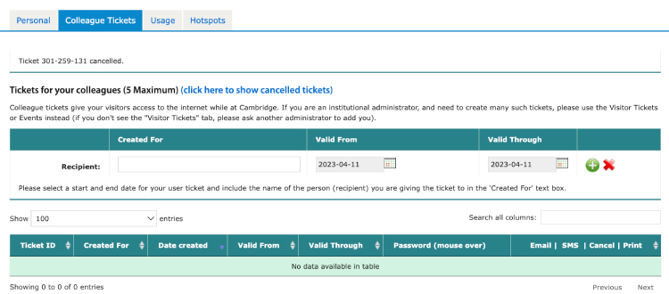 University Wireless Service Console with the Colleague Tickets tab selected. It is the second tab along underneath the page title. 