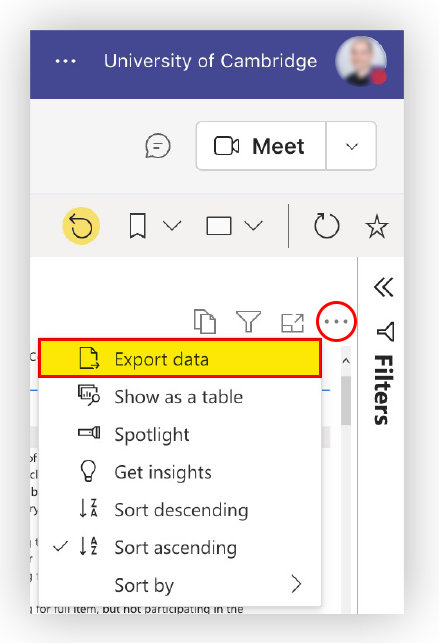Move your mouse cursor to the top left to reveal a toolbar. Select the More menu (three dots) then choose Export data from the pop-up menu