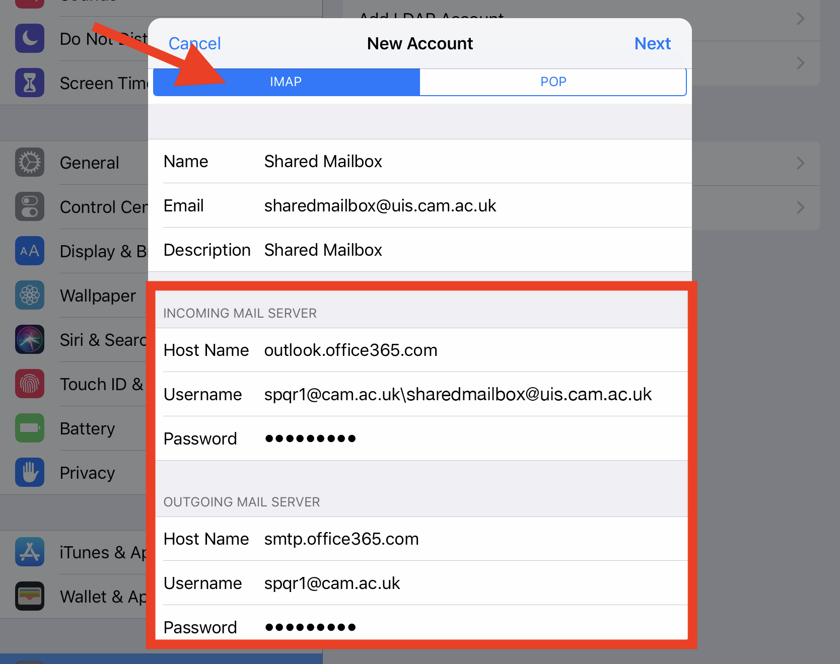 ios mail add shared 4. Expanded New Account box