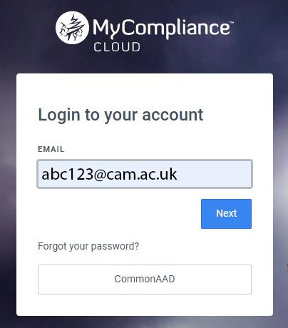 MyCompliance Cloud Login Screenshot