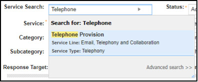 Service search drop-down expanded to show results for Telephone provision