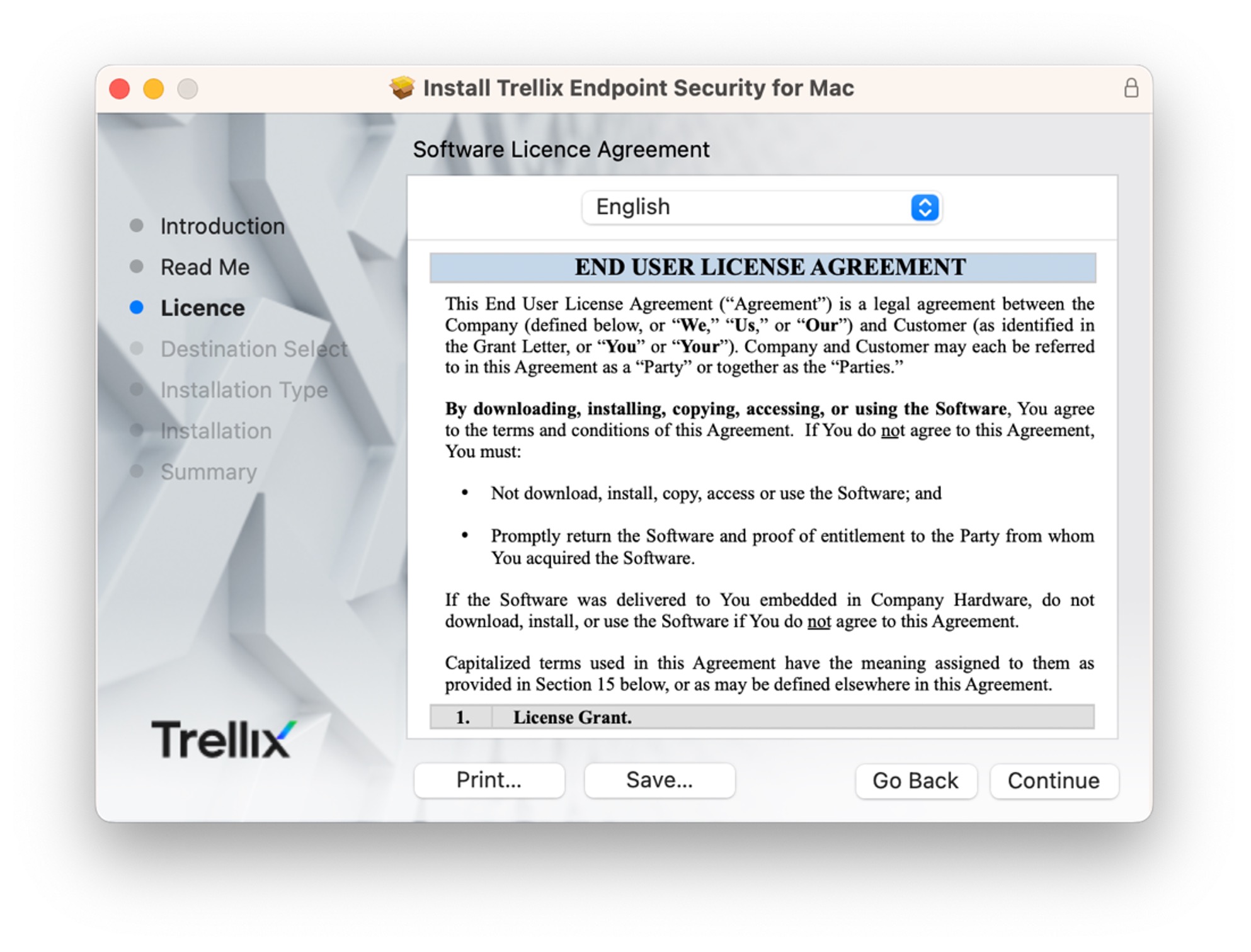 The software licence agreement screen for Trellix software.