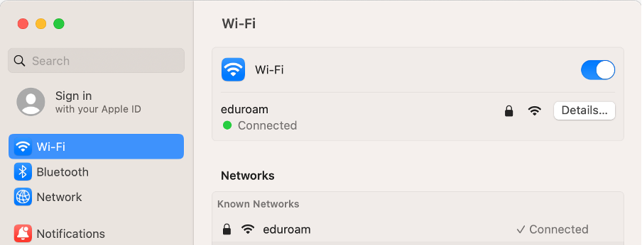 Checking eduroam is shown as connected in the network list on macOS Ventura