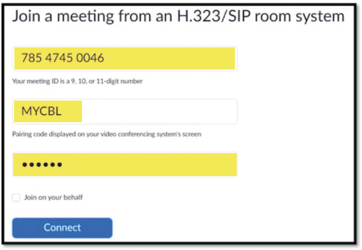 Enter the meeting ID, pairing code and meeting password then click Connect